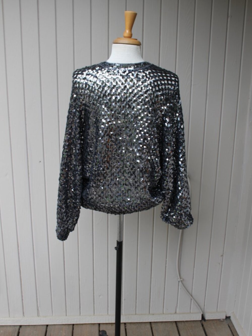 Vintage 70's Harry Action Silver Dolman Sleeve Sequin V-neck Disco Top XL - Picture 4 of 6
